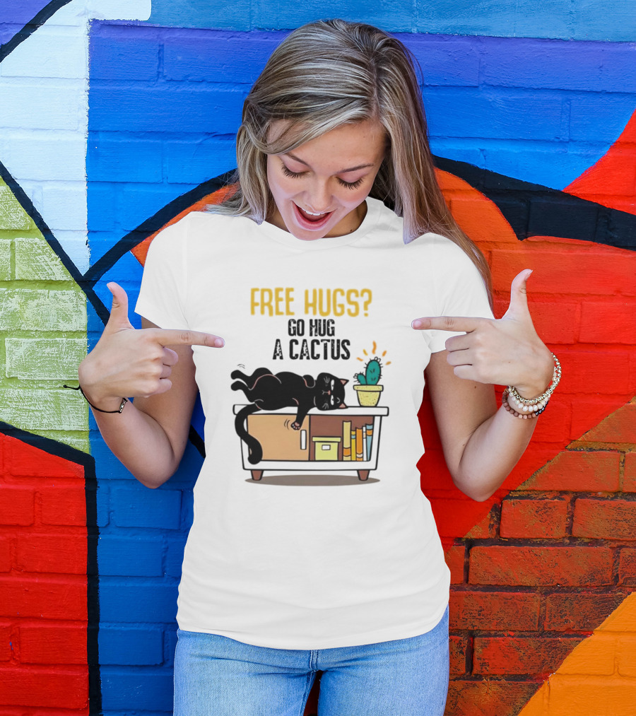 Free Hugs Go Hug A Cactus Cat On Shelf With Cactus And Books T-Shirt