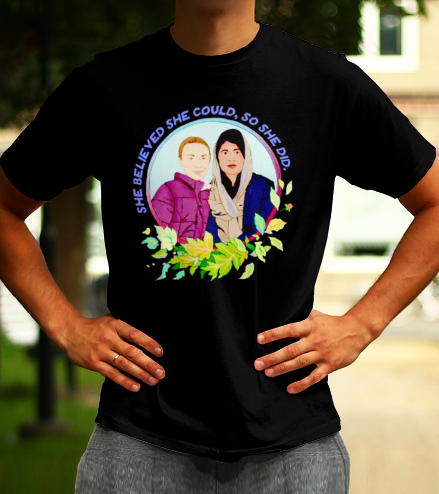 She Believed She Could So She Did Malala Yousafzai In Portrait With Flowers T-Shirt