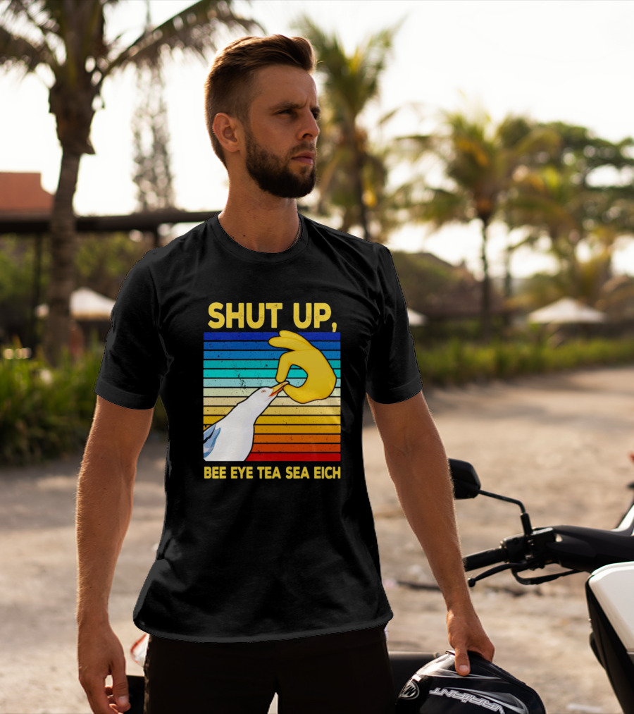 SHUT UP BEE EYE TEA SEA EICH Seagull Yellow Hand Rainbow Stripes T-Shirt