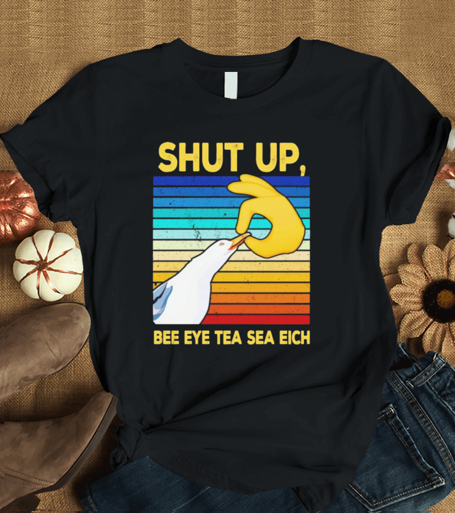 SHUT UP BEE EYE TEA SEA EICH Seagull Yellow Hand Rainbow Stripes T-Shirt