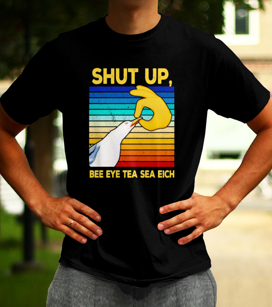 SHUT UP BEE EYE TEA SEA EICH Seagull Yellow Hand Rainbow Stripes T-Shirt