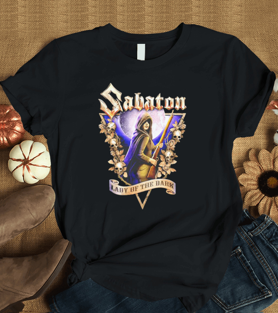 Sabaton Lady Of The Dark Hooded Figure With Floral Skull Motif T-Shirt
