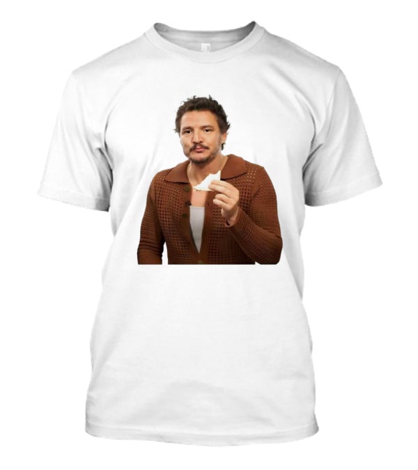 Pedro Pascal Holding Sandwich In Brown T-Shirt
