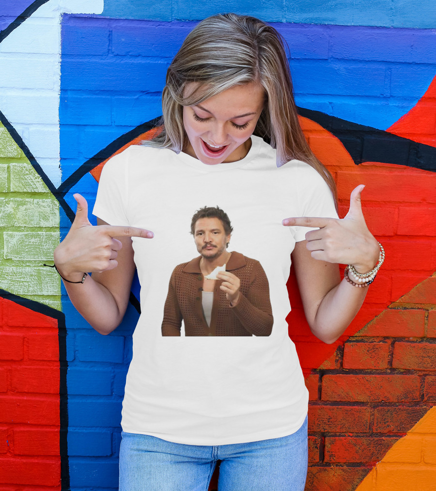 Pedro Pascal Holding Sandwich In Brown T-Shirt