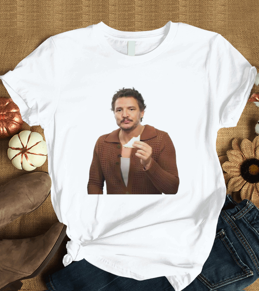 Pedro Pascal Holding Sandwich In Brown T-Shirt