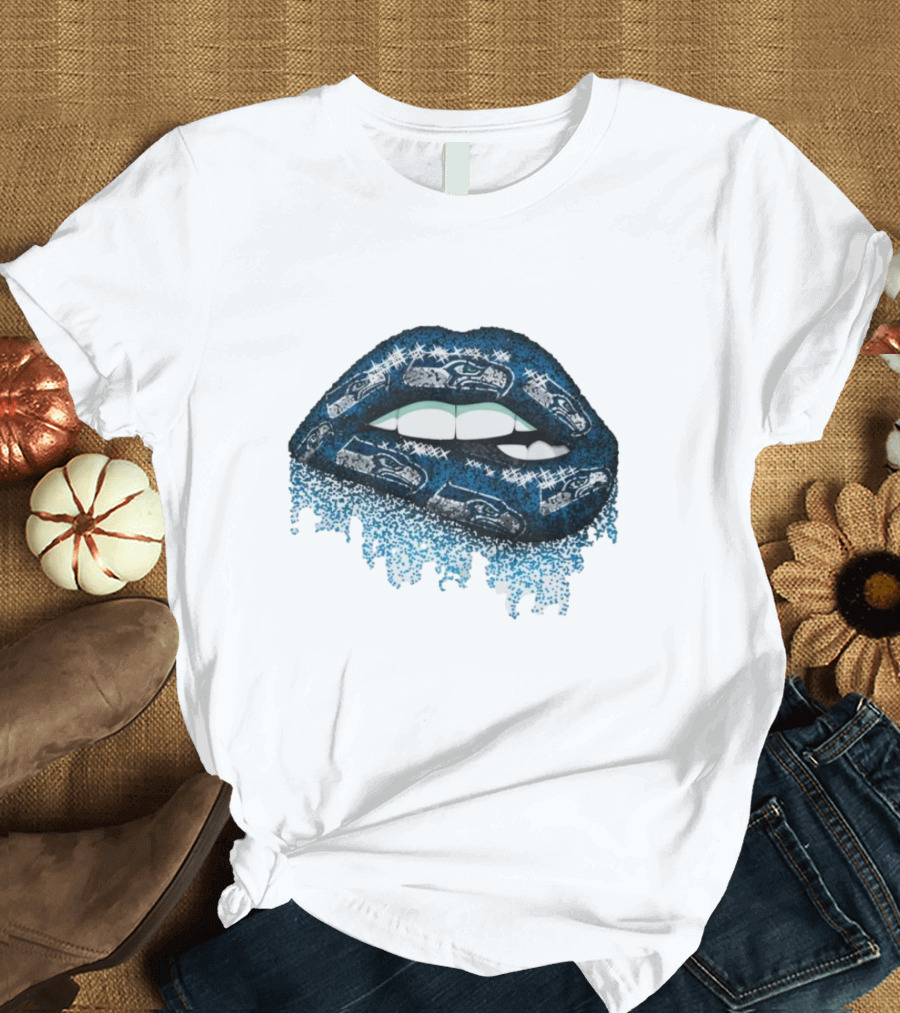 Rhinestone Lips Seattle Seahawks Logo Sparkle Fan T-Shirt