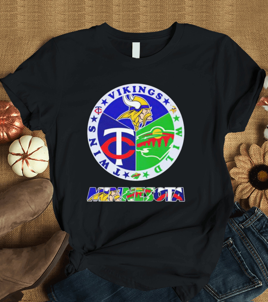 Minnesota Vikings Twins Wild Logos Circle And Colorful Minnesota Text T-Shirt