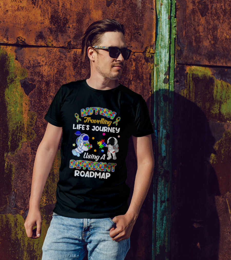 Autism Travelling Life's Journey Using A Different Roadmap With Astronauts And Puzzle Pieces T-Shirt