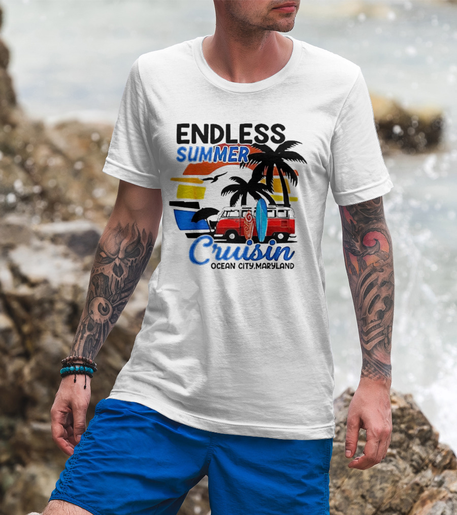 Endless Summer Cruisin Ocean City Maryland Vintage Sunset Surfboard Van Palm Trees T-Shirt