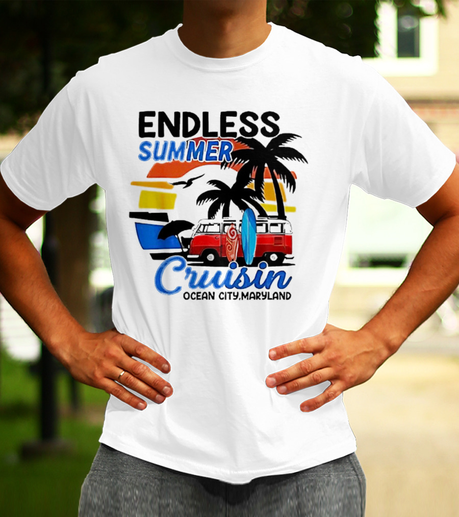 Endless Summer Cruisin Ocean City Maryland Vintage Sunset Surfboard Van Palm Trees T-Shirt