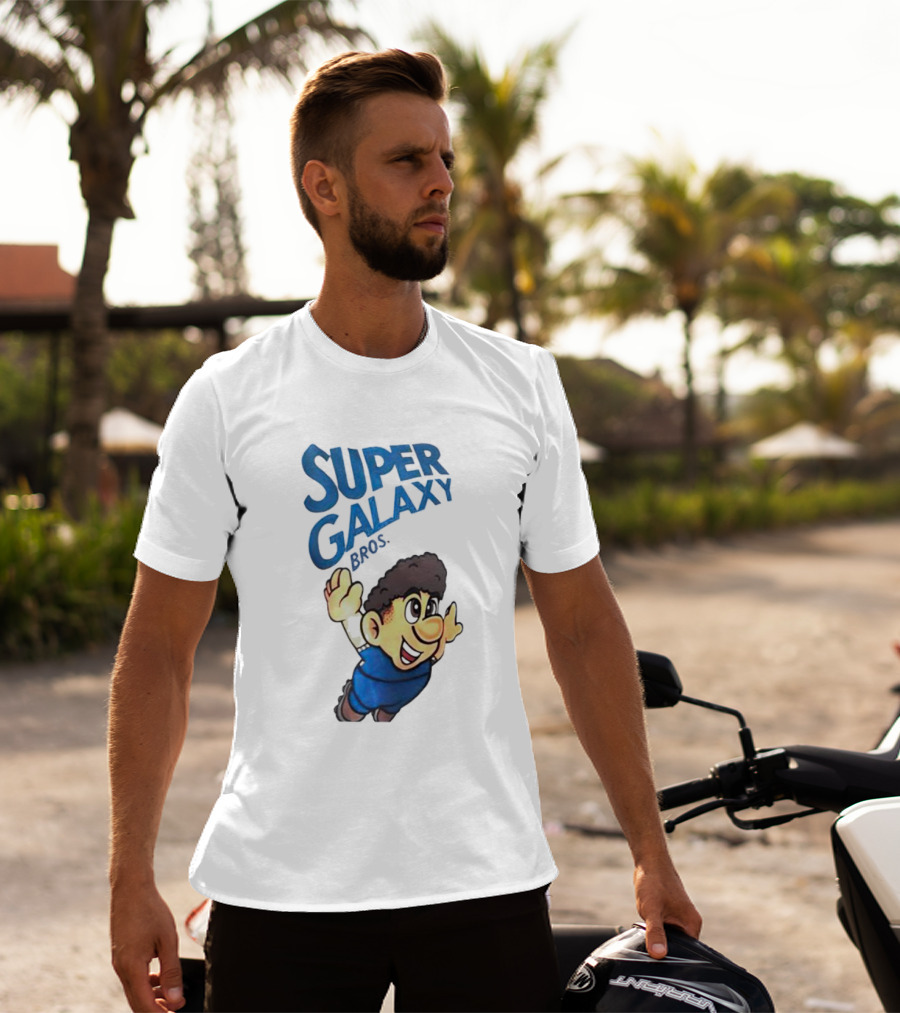 Super Galaxy Bros Flying Character In Blue T-Shirt