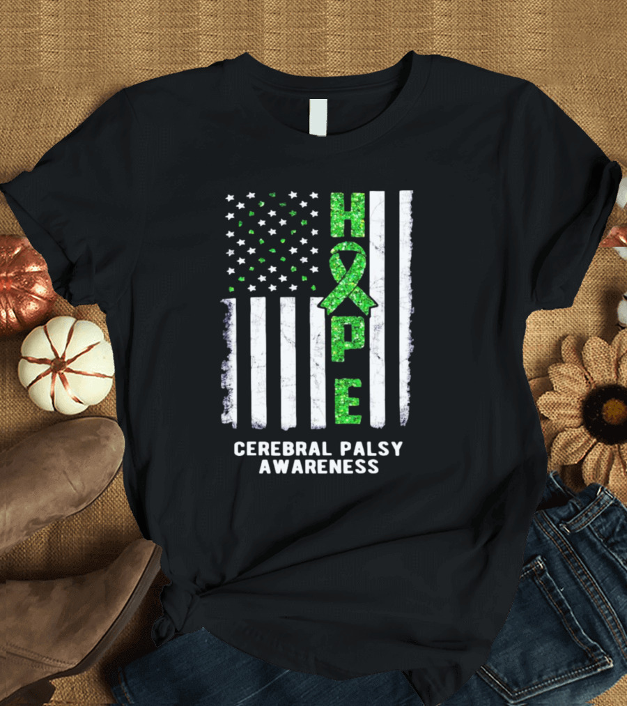 Hope American Flag Green Ribbon Cerebral Palsy Awareness T-Shirt