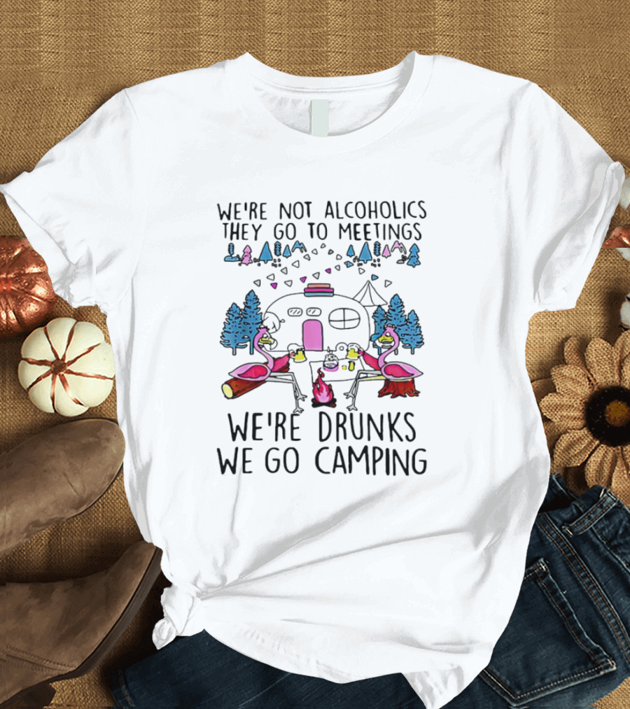 We're Not Alcoholics They Go To Meetings We're Drunks We Go Camping Flamingo Campfire Scene T-Shirt