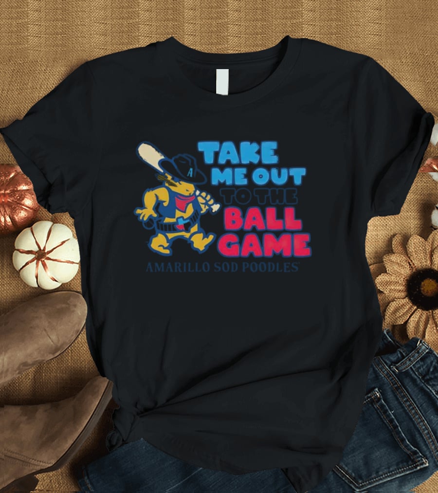 Amarillo Sod Poodles Take Me Out To The Ball Game Cowboy With Baseball Bat T-Shirt