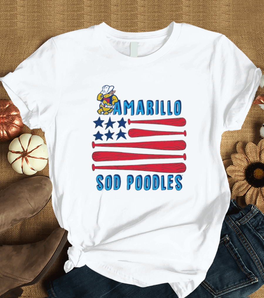 Amarillo Sod Poodles American Flag With Baseball Bats And Stars T-Shirt