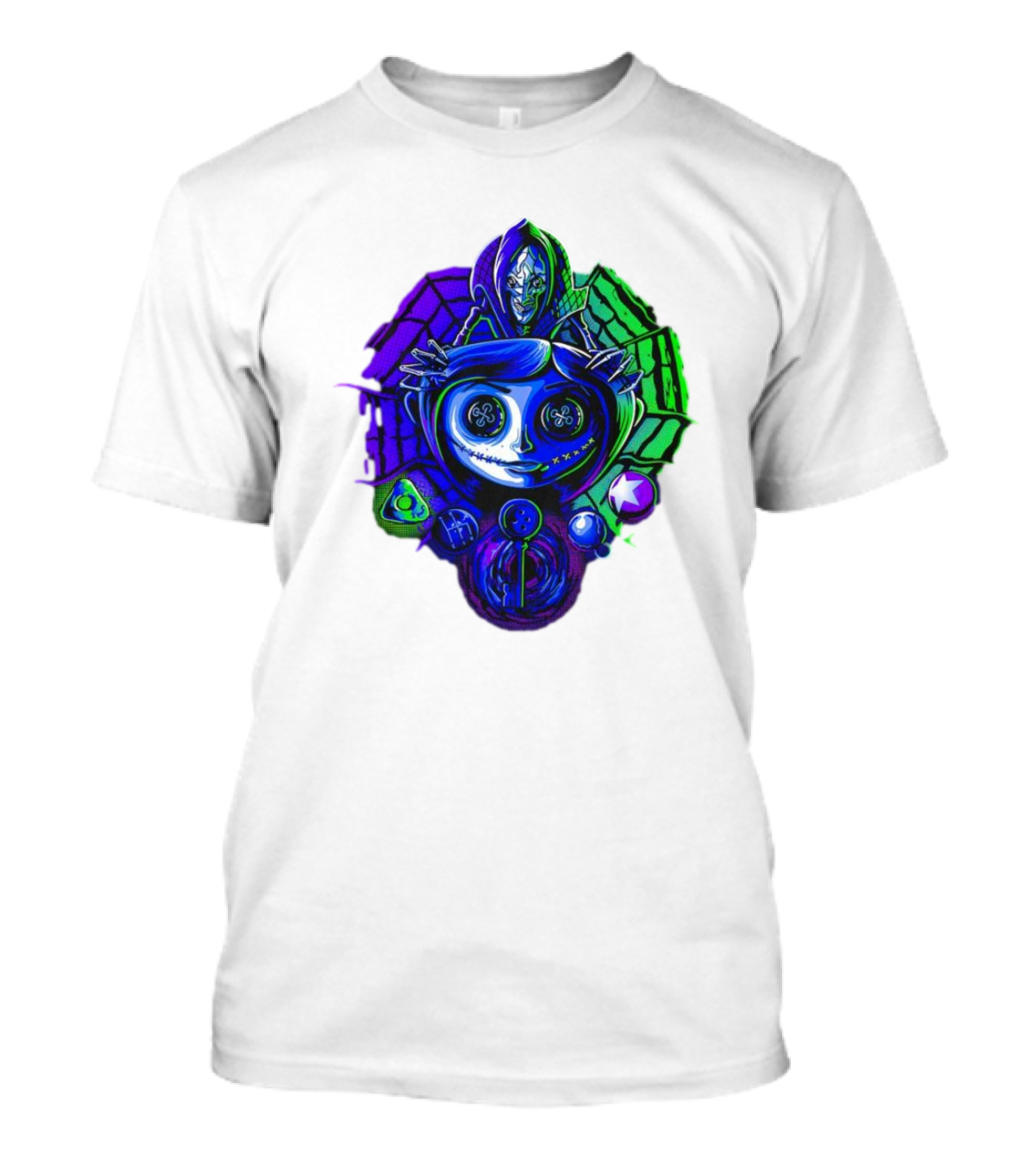 Coraline I'm Trapped Horror Neon Web And Buttons T-Shirt