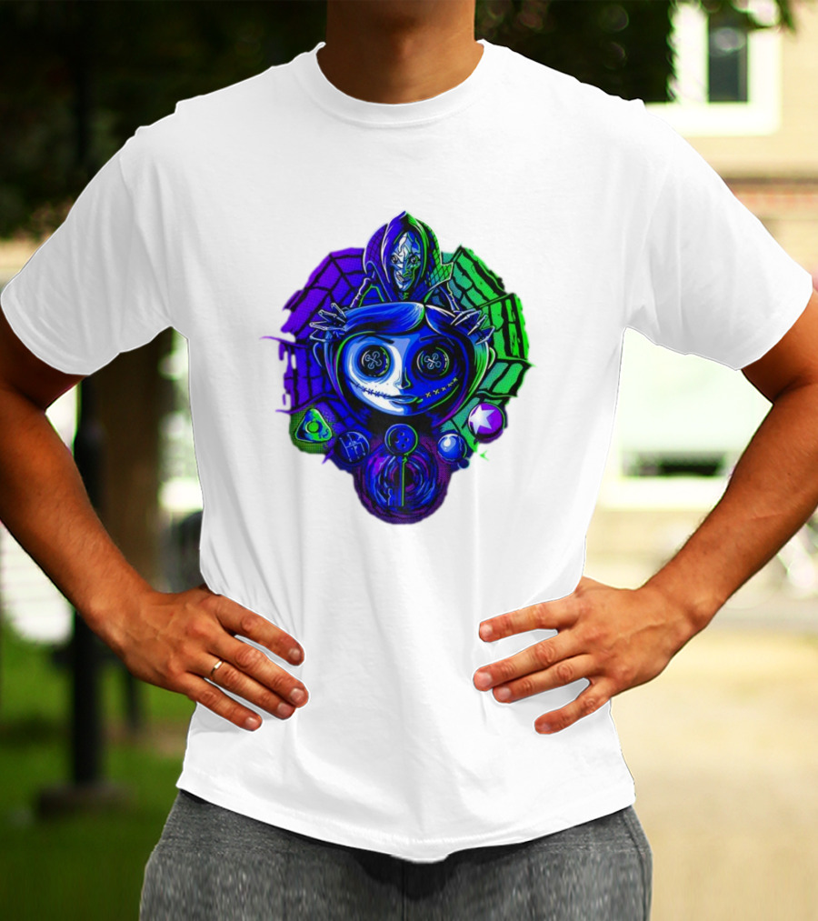 Coraline I'm Trapped Horror Neon Web And Buttons T-Shirt