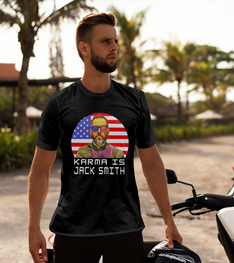 Karma Is Jack Smith With American Flag Background And Patriotic Sunglasses T-Shirt