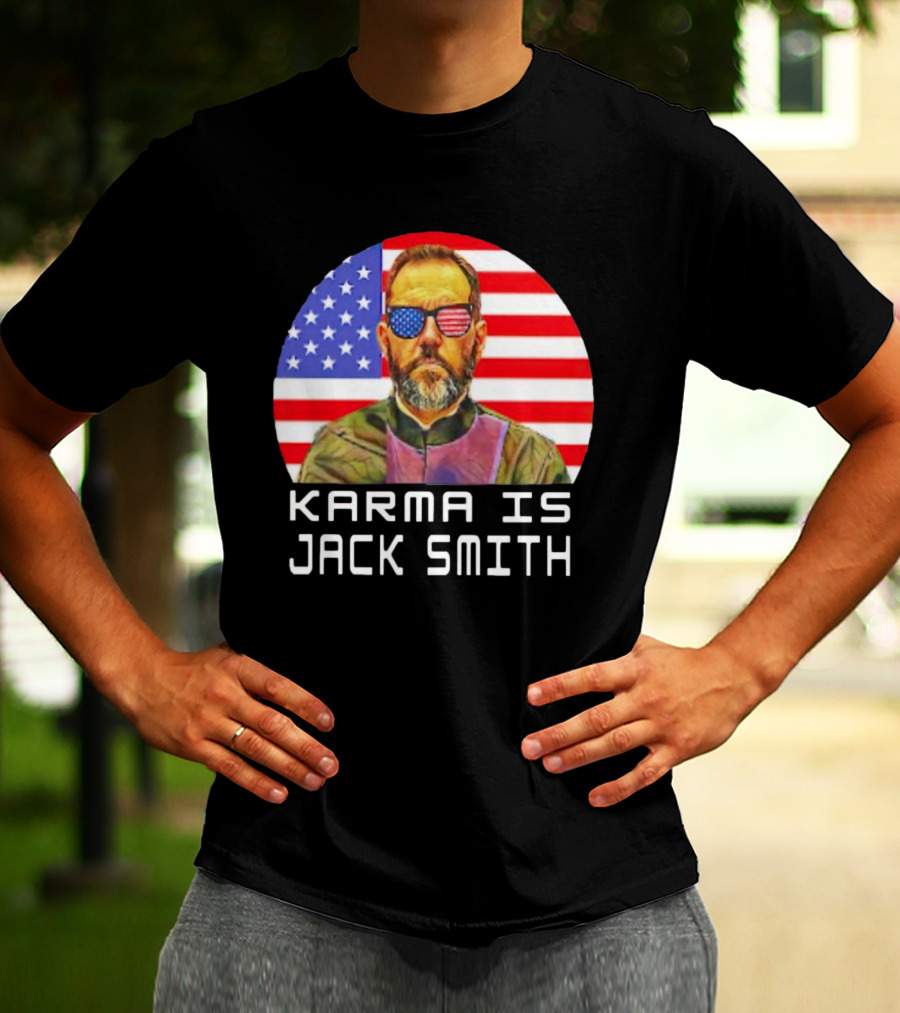Karma Is Jack Smith With American Flag Background And Patriotic Sunglasses T-Shirt