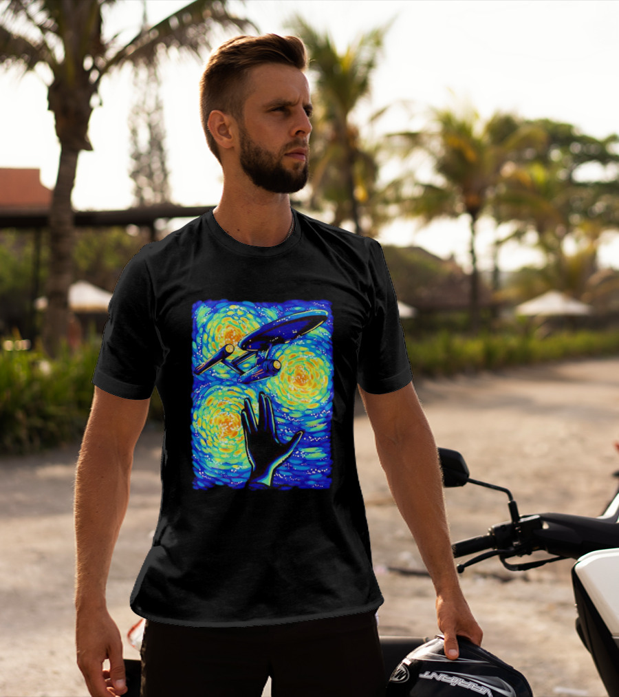 Star Trek Enterprise In Starry Night With Vulcan Salute Starry Trek T-Shirt