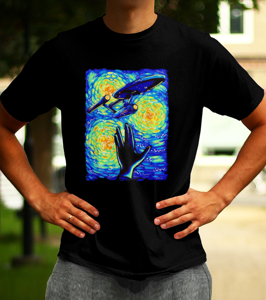 Star Trek Enterprise In Starry Night With Vulcan Salute Starry Trek T-Shirt