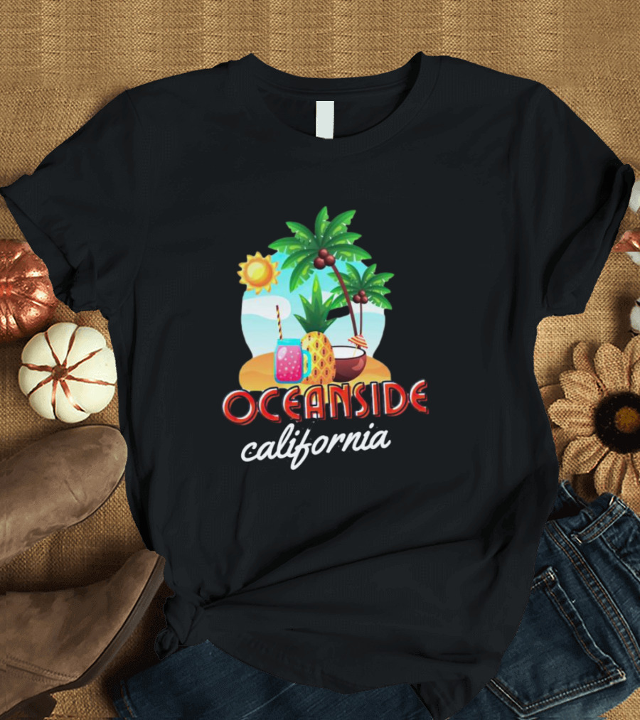 Oceanside California Tropical Beach Scene With Palm Trees, Sun, Pineapple, Coconut Drink, And Refreshing Beverage T-Shirt