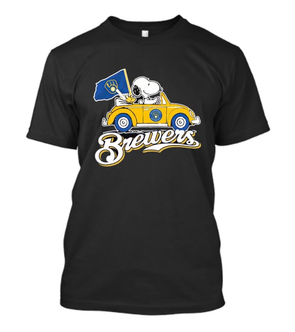 Snoopy And Woodstock Driving Car With Brewers Flag T-Shirt
