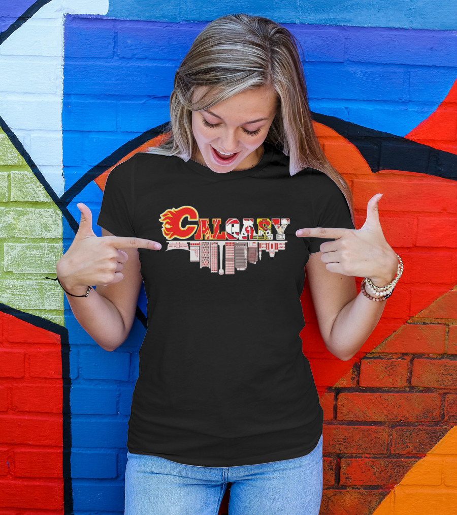 Calgary Flames Inspired Cityscape With Upside Down Skyline And Team Elements T-Shirt