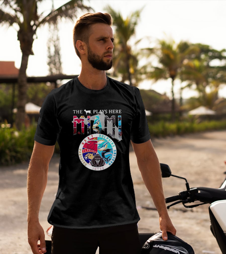 Miami Sports Team Logos Panther Heat Dolphins Marlins Inter The Goat Plays Here T-Shirt