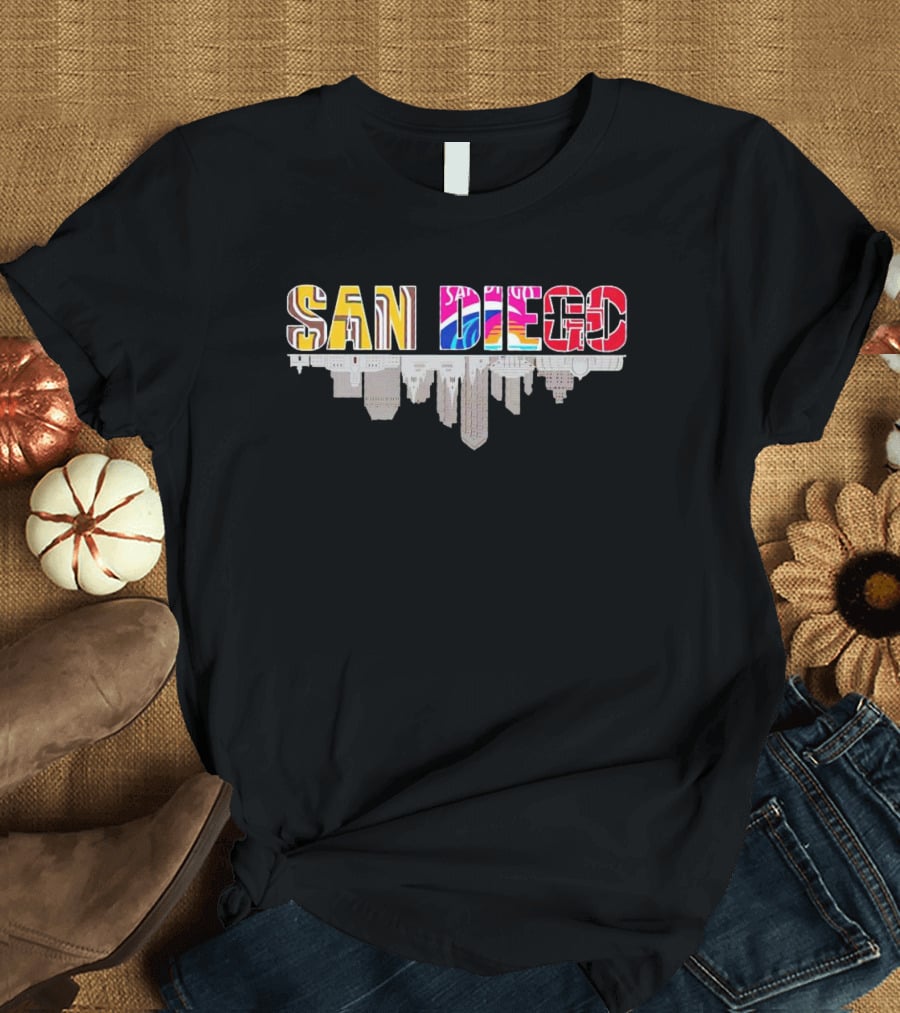 San Diego City Skyline Upside Down Sports Team Colors T-Shirt