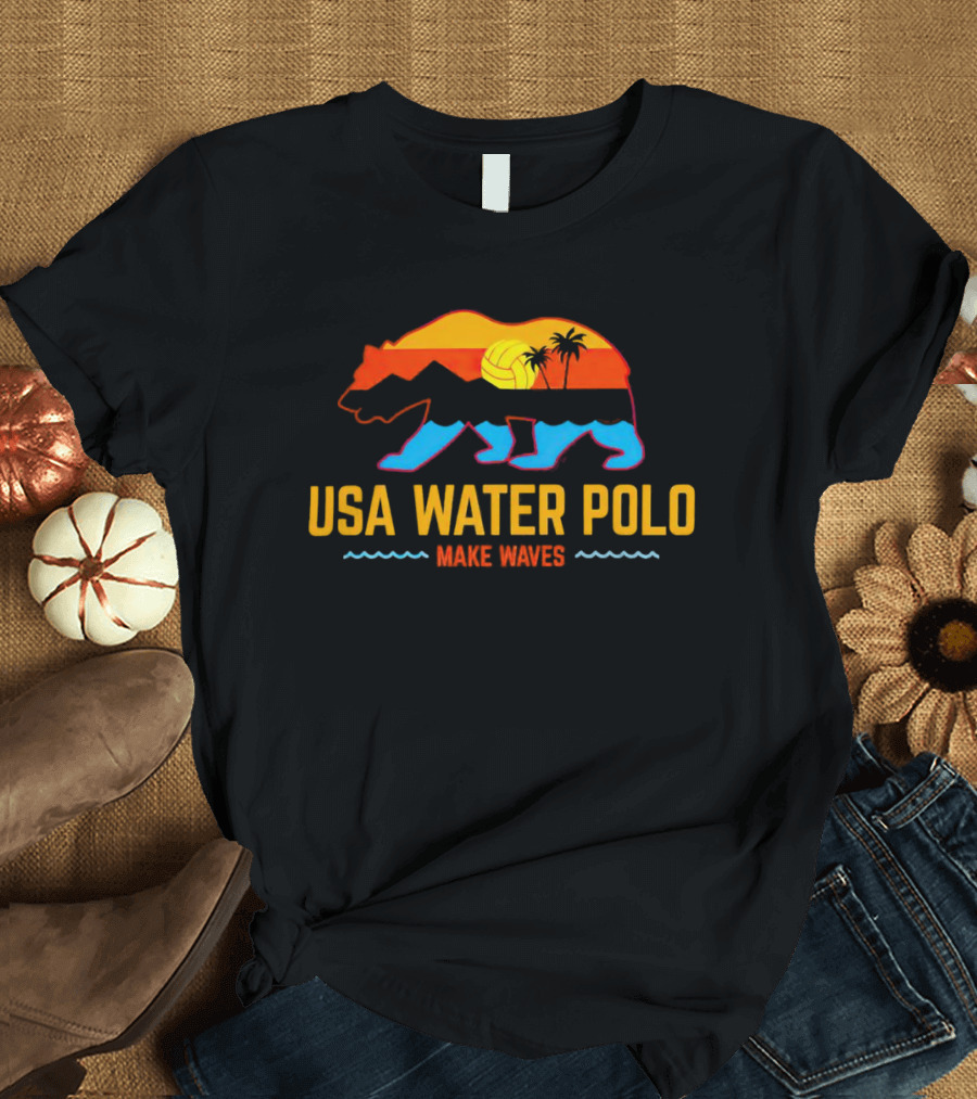 USA Water Polo Bear Make Waves Sunset Palm Trees Volleyball T-Shirt