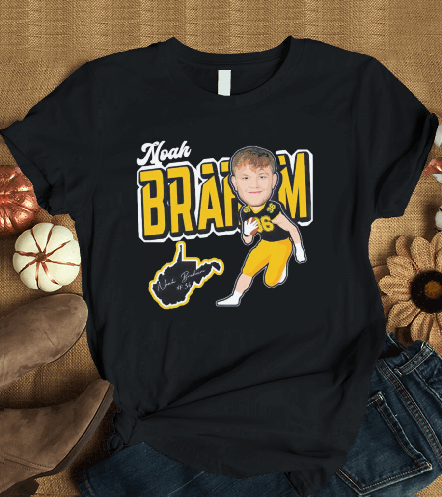Noah Braham WVU Football Caricature With Jersey Number 36 And Signature T-Shirt