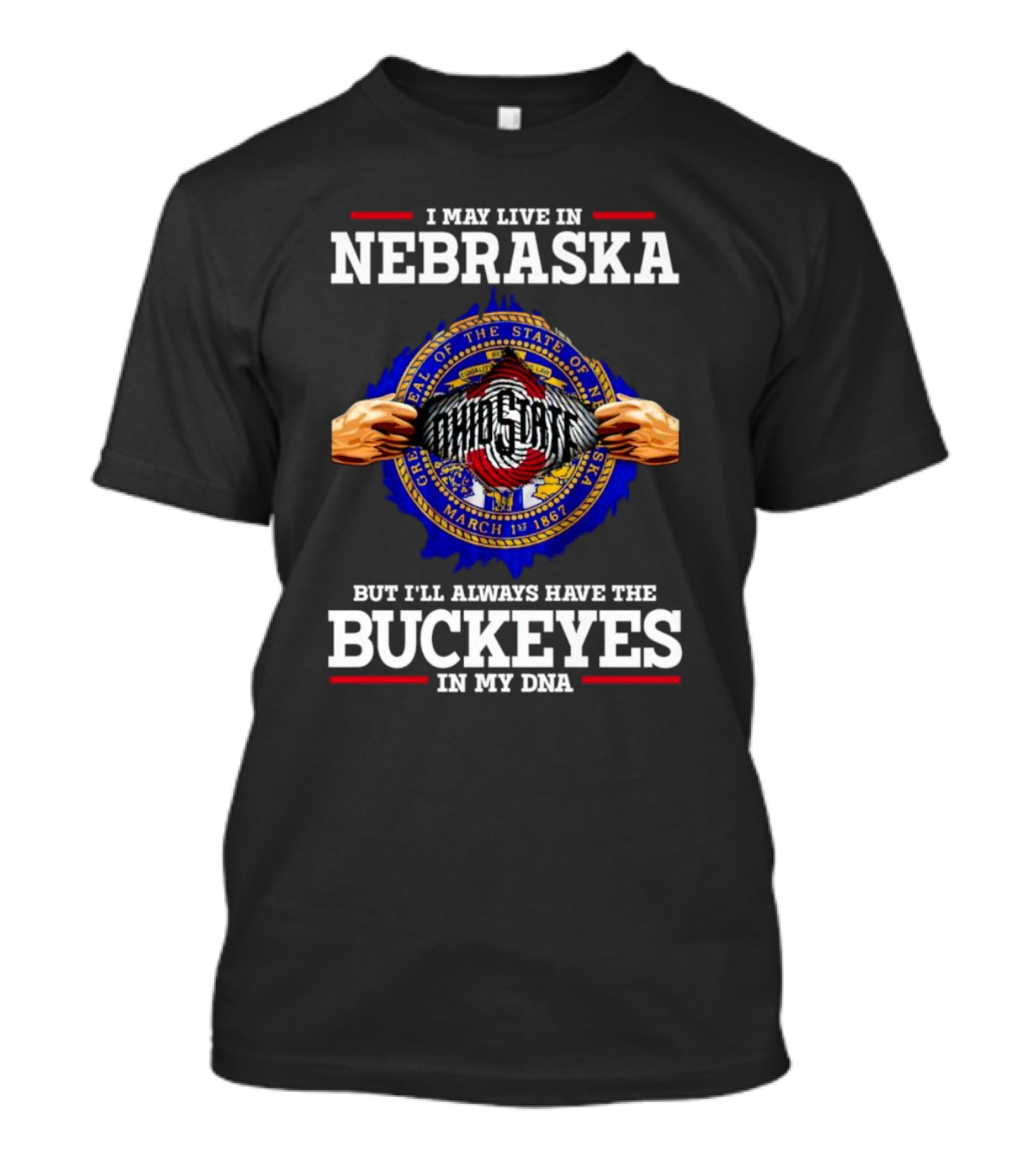 I May Live In Nebraska But I’ll Always Have The Buckeyes In My DNA Ohio State Seal T-Shirt