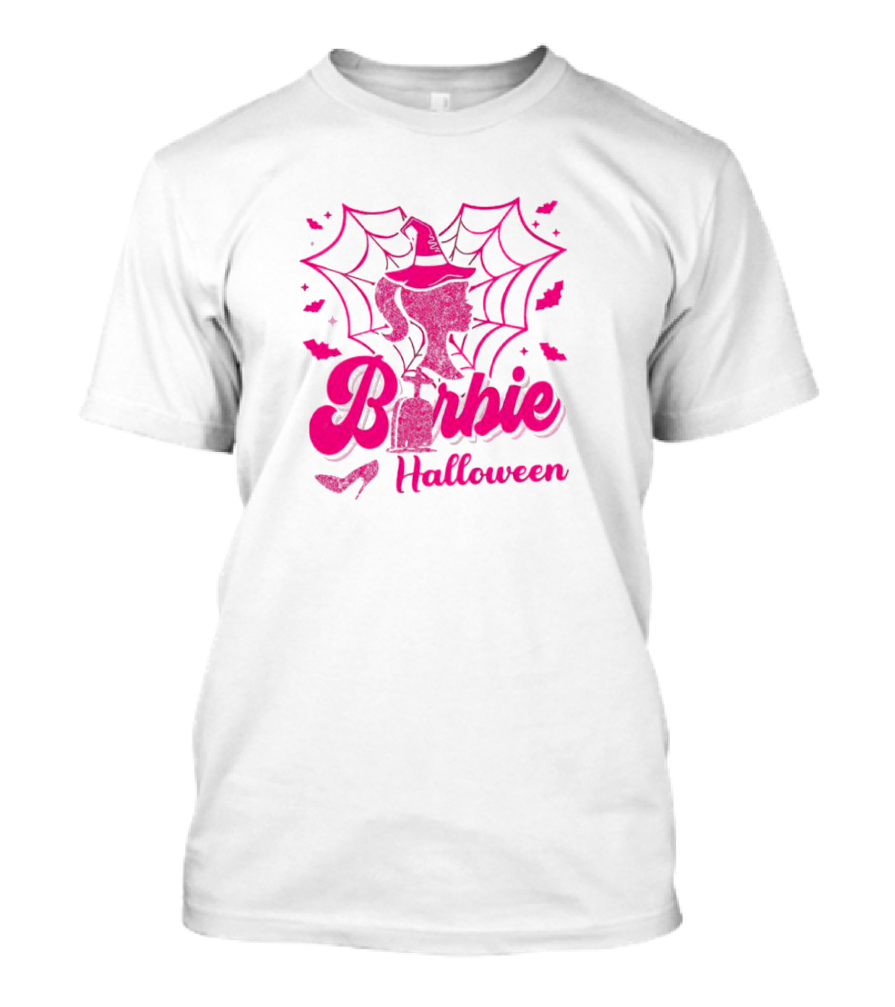 Barbie Halloween Witch Hat Cobweb Silhouette Pink Text Bat Heels T-Shirt