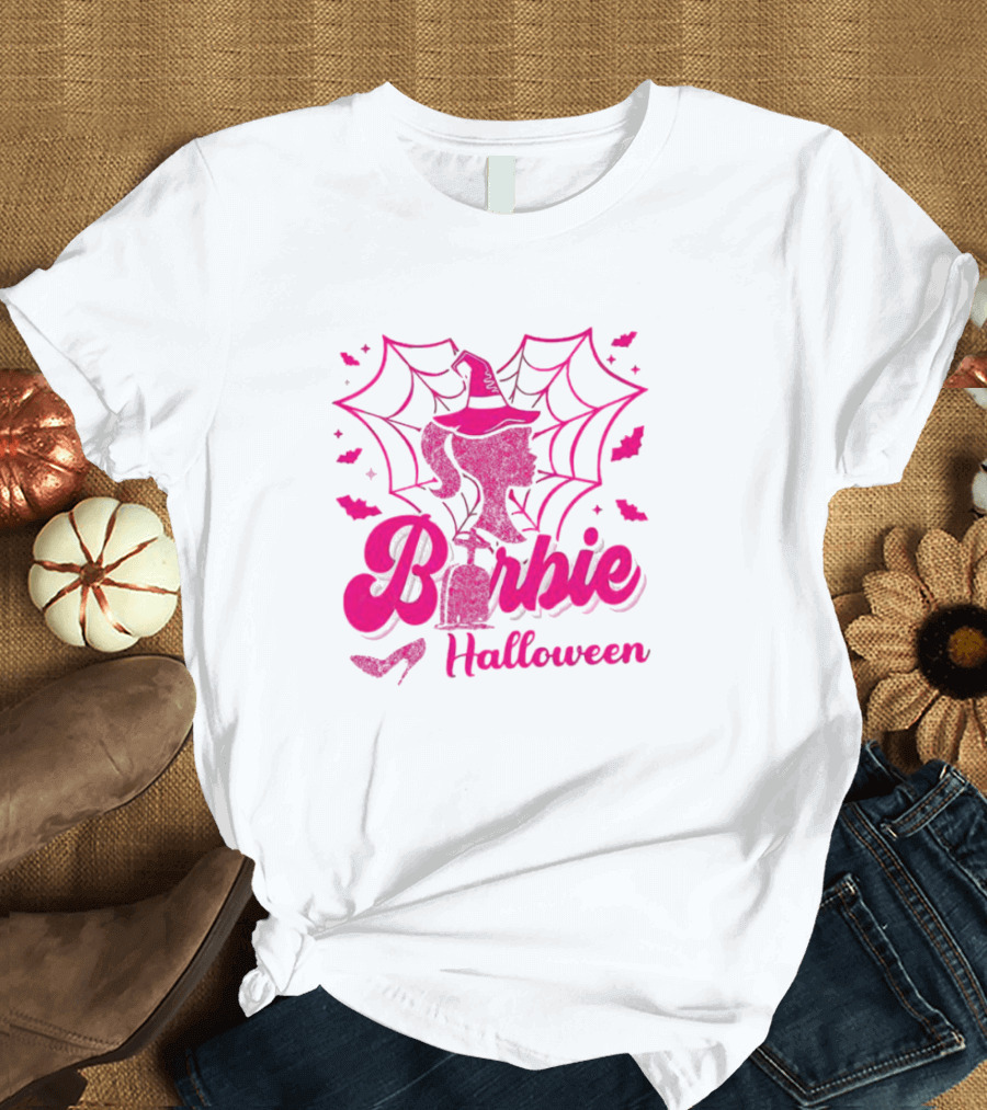 Barbie Halloween Witch Hat Cobweb Silhouette Pink Text Bat Heels T-Shirt
