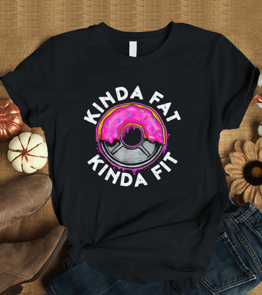 Kinda Fat Kinda Fit Pink Frosted Donut With Sprinkles And Weight Plate T-Shirt