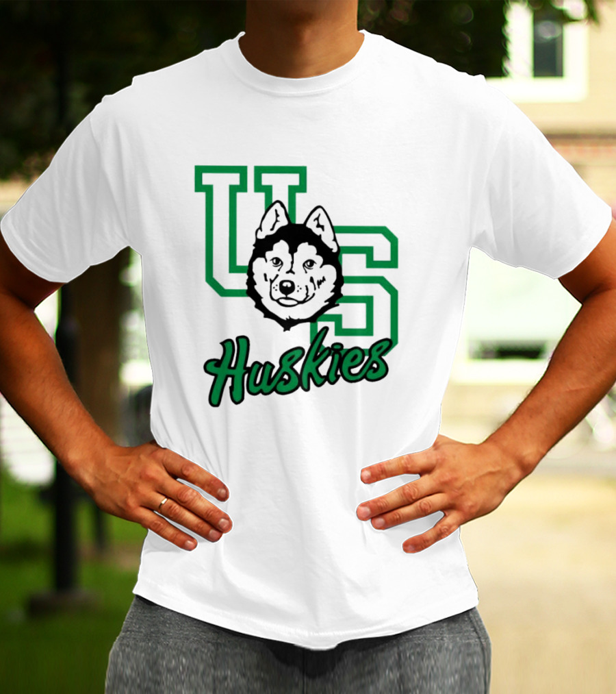 U Of S Huskies Logo With Husky Face Overlapping Bold Green Letters T-Shirt