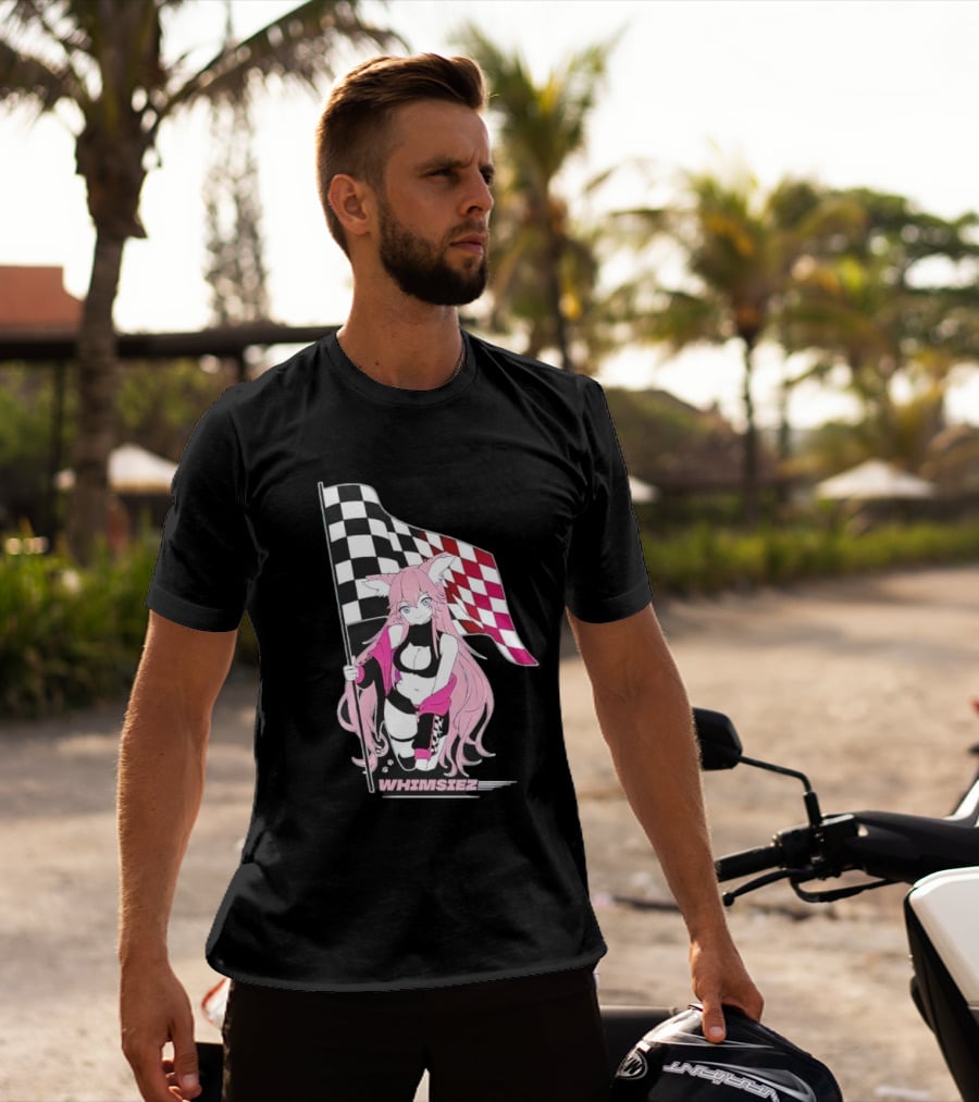 Whimsiez Checkered Flag Pink-Haired Girl Racing T-Shirt