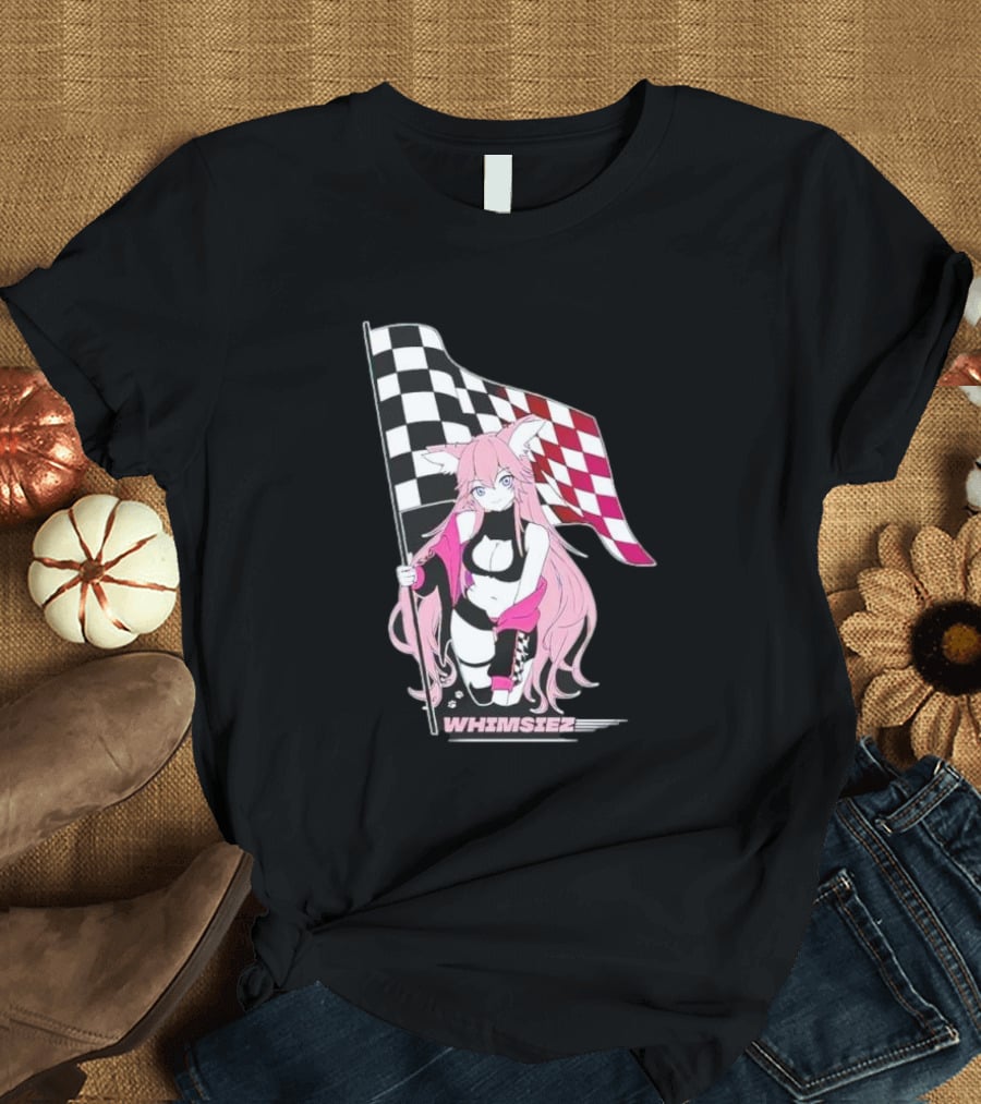 Whimsiez Checkered Flag Pink-Haired Girl Racing T-Shirt
