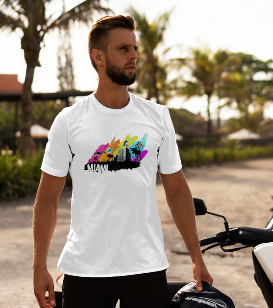 Miami City Skyline With Sports Team Logos And Vibrant Colors T-Shirt