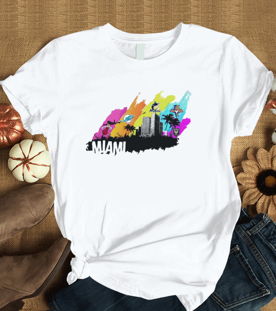 Miami City Skyline With Sports Team Logos And Vibrant Colors T-Shirt