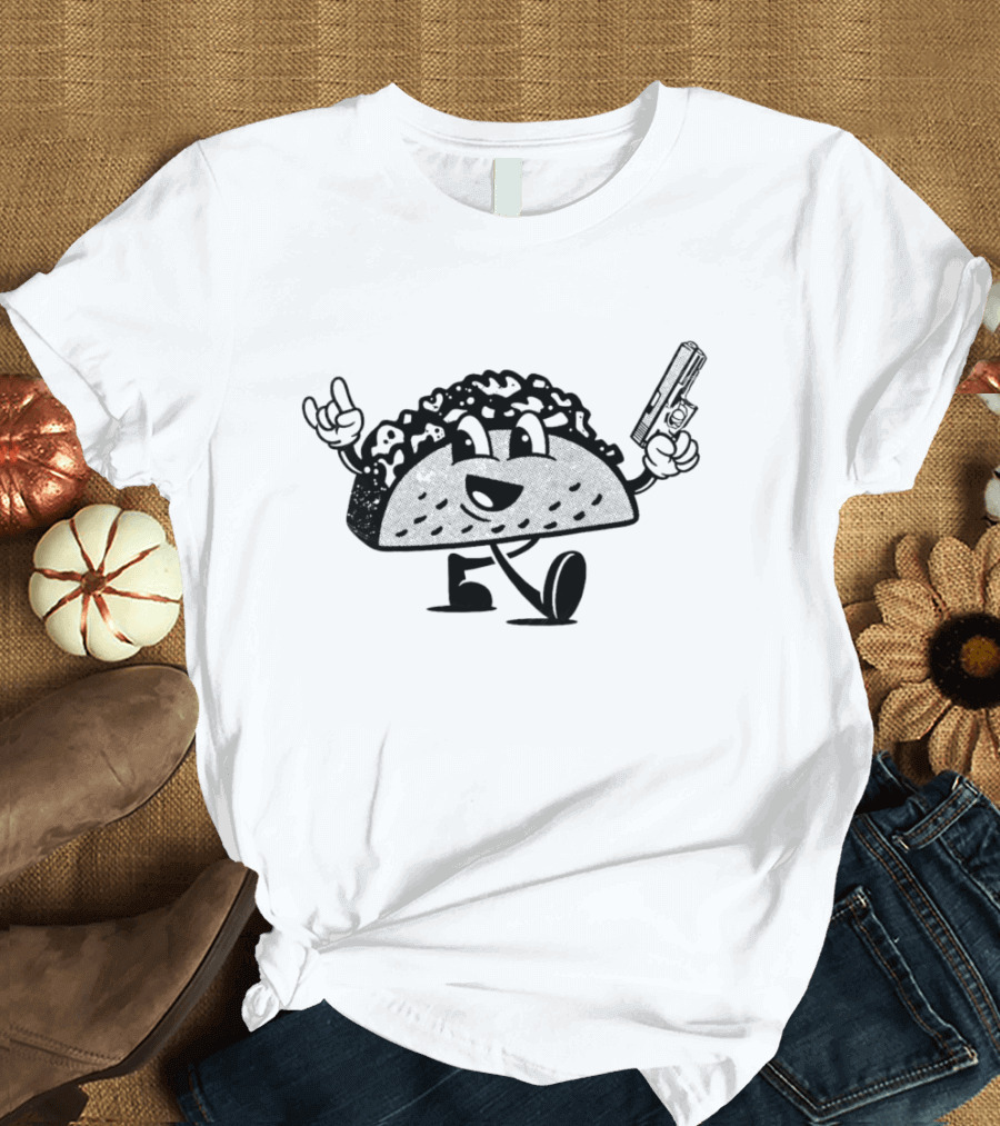 Rock And Roll Taco Mascot With Gun T-Shirt