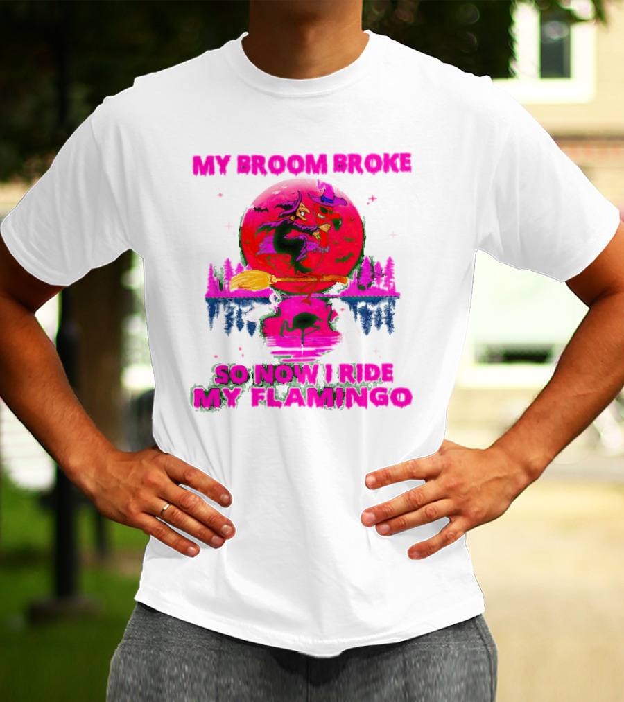 My Broom Broke So Now I Ride My Flamingo Neon Witch And Flamingo Moon Scene T-Shirt