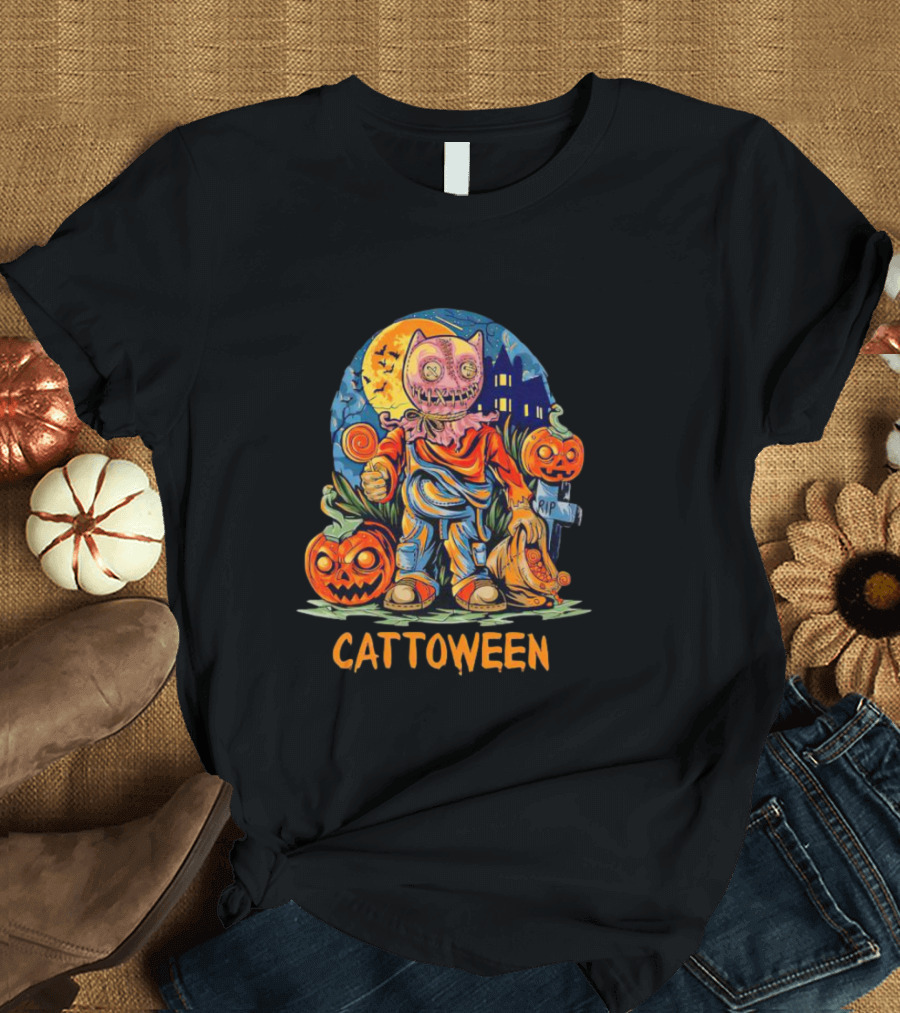Cattoween Pumpkin Cat Monster Halloween Moon T-Shirt