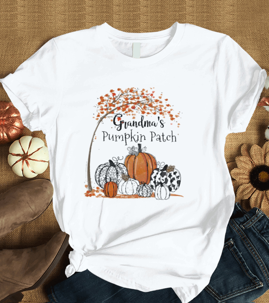 Grandma's Pumpkin Patch Autumn Harvest With Fall Leaves And Pumpkins T-Shirt
