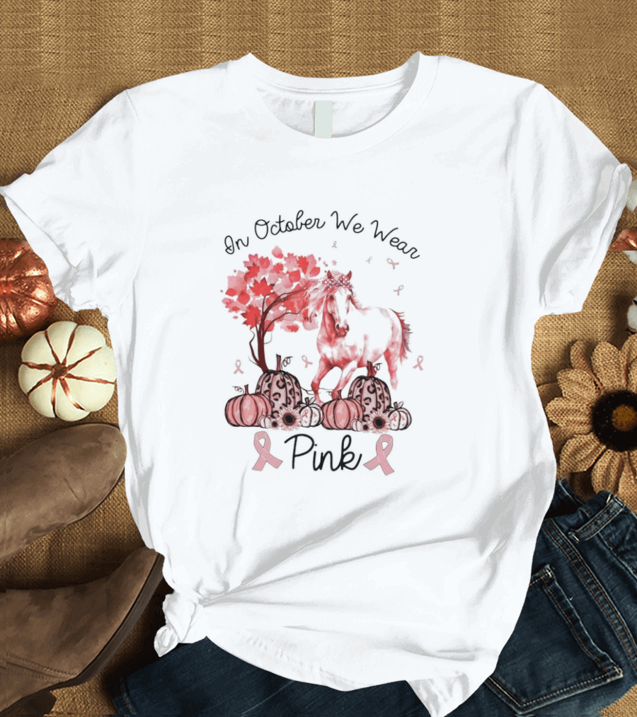 In October We Wear Pink Horse Ribbon Pumpkins Halloween T-Shirt