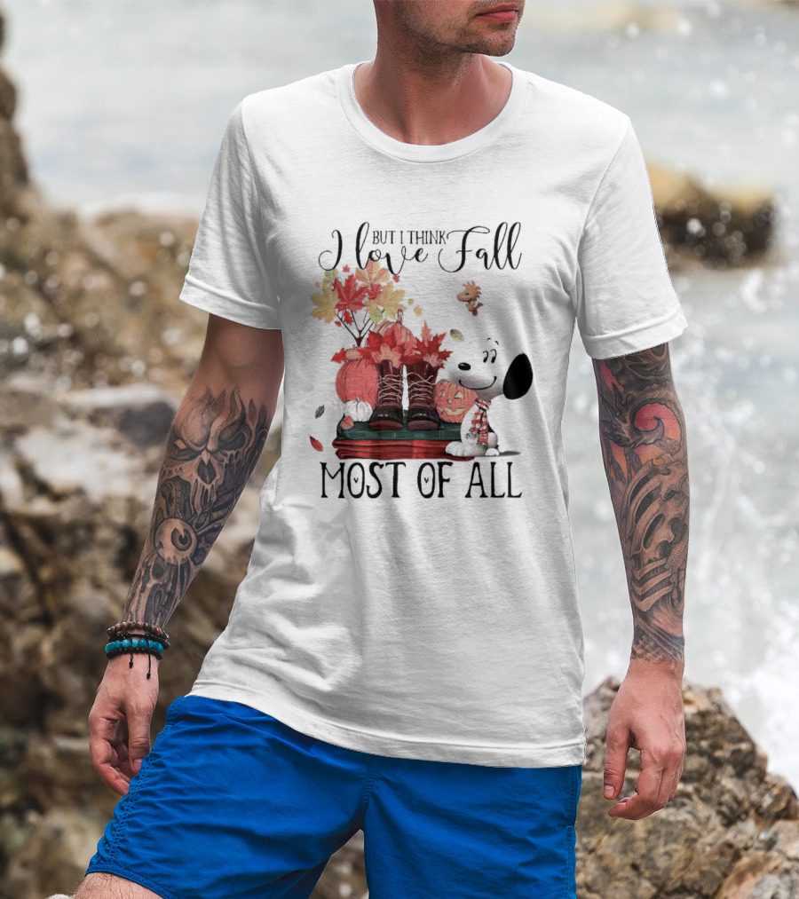 I Love Fall Most Of All Snoopy Dog With Boots Pumpkins And Leaves T-Shirt