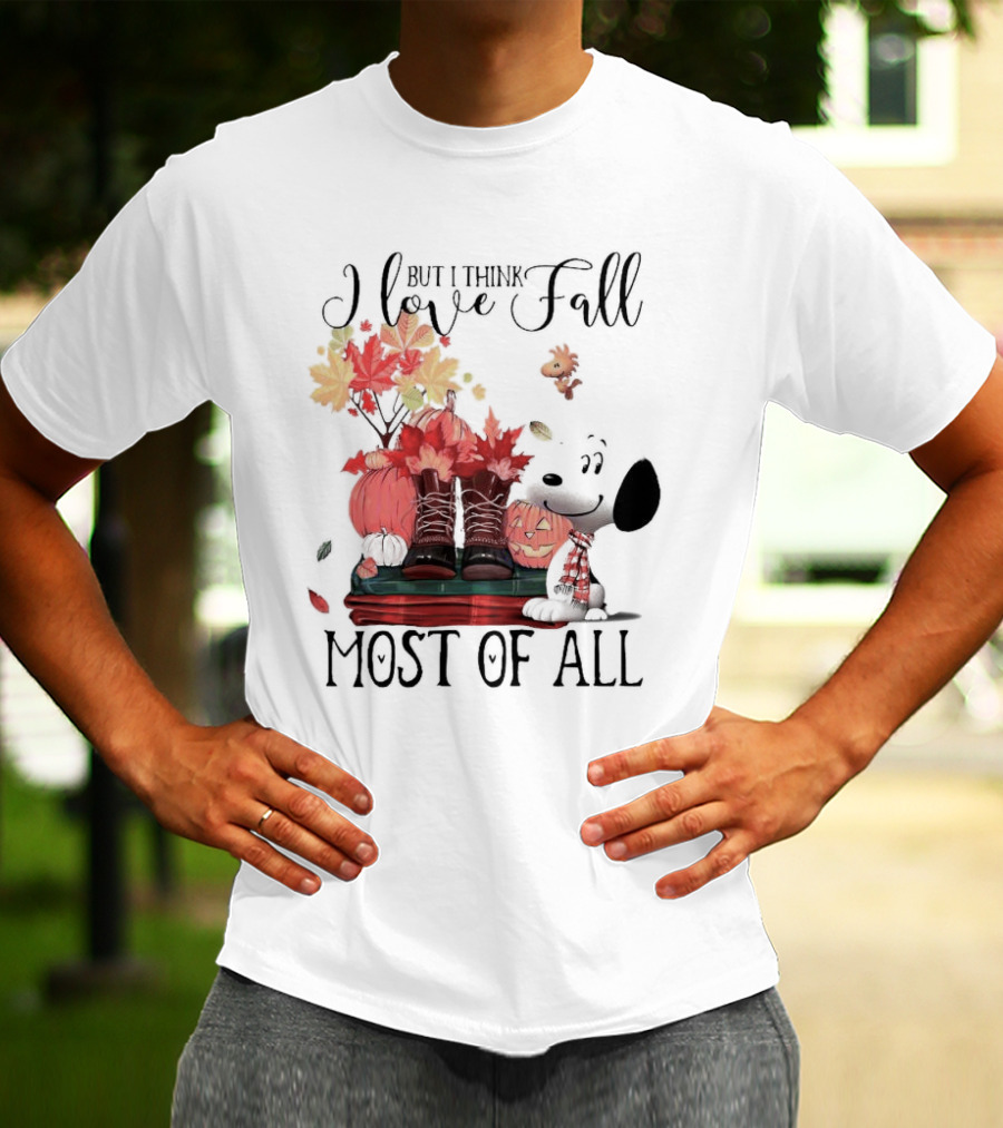 I Love Fall Most Of All Snoopy Dog With Boots Pumpkins And Leaves T-Shirt