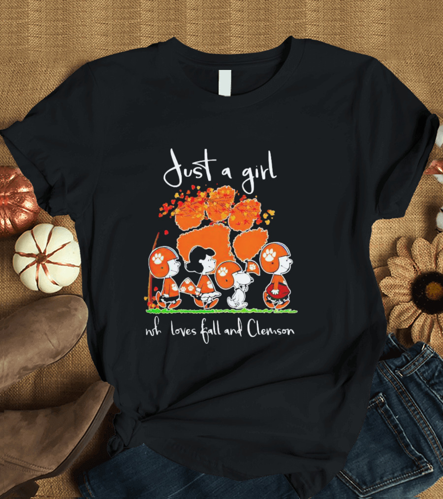 Just A Girl Who Loves Fall And Clemson Peanuts Characters T-Shirt