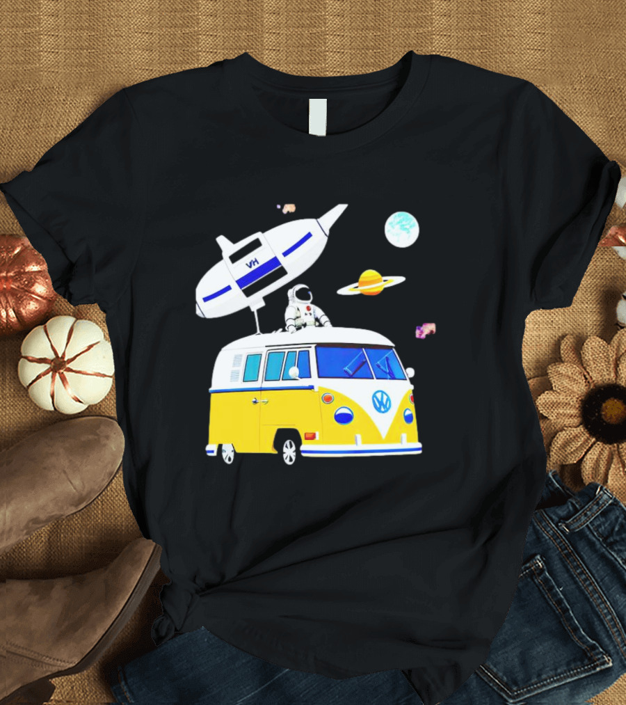 Astronaut Riding Yellow Volkswagen Bus With Rocket And Saturn Planet Background T-Shirt